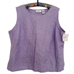 Parisian Works Women 2X Lilac 100% Linen Embroidered Sleeveless Tank Top New